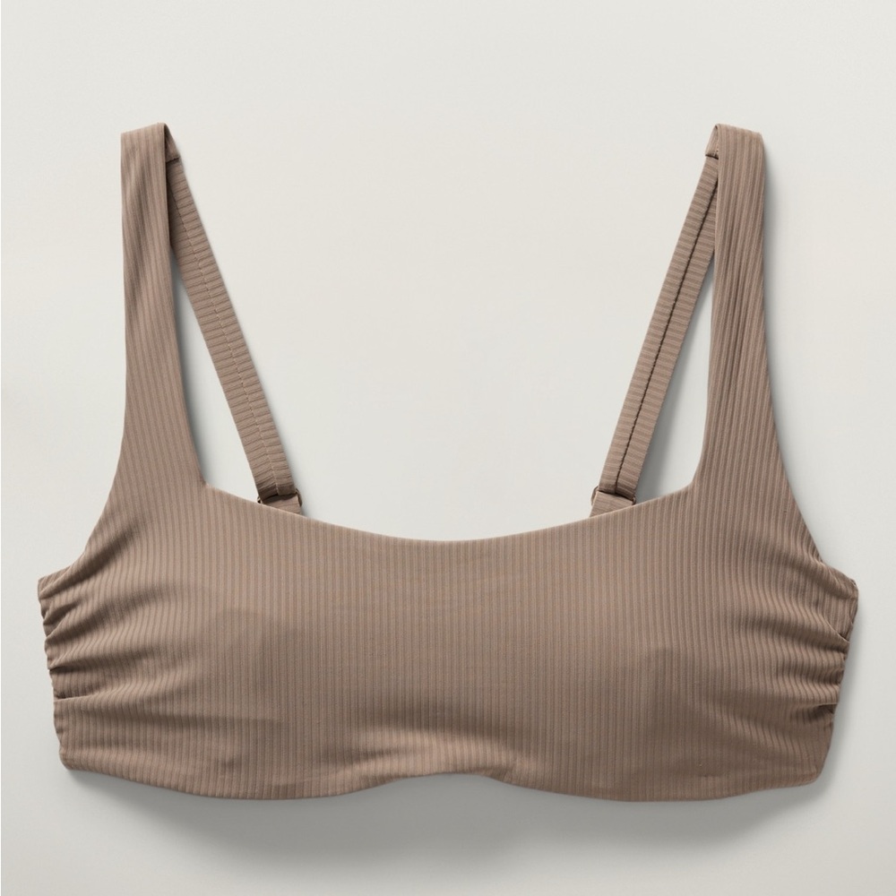 Athleta bikini neck rib bikini top. Never worn. Pyrite(tan) color. 34B/C